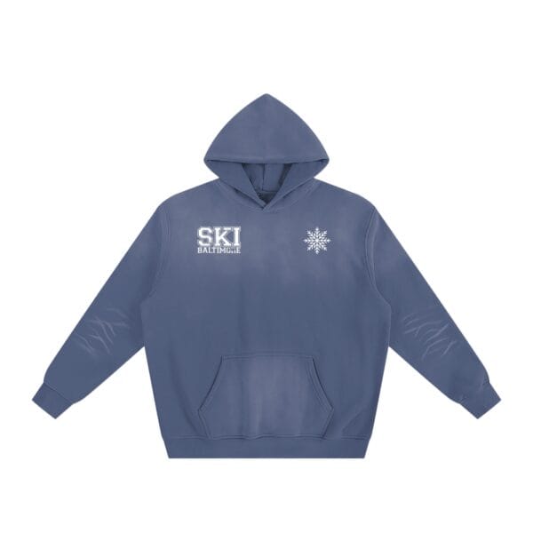 Close-up of the snowflake and Ski Baltimore front branding on the Big Motion Hoodie
