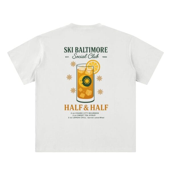 Half & Half Tee in White with the Ski Baltimore Snowflake logo on the chest