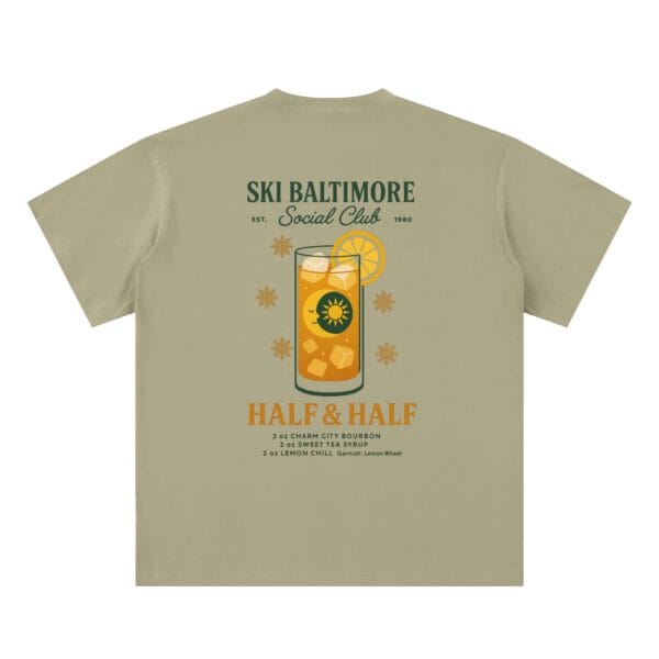 Close-up of the Half & Half cocktail graphic on the back of the Ski Baltimore tee