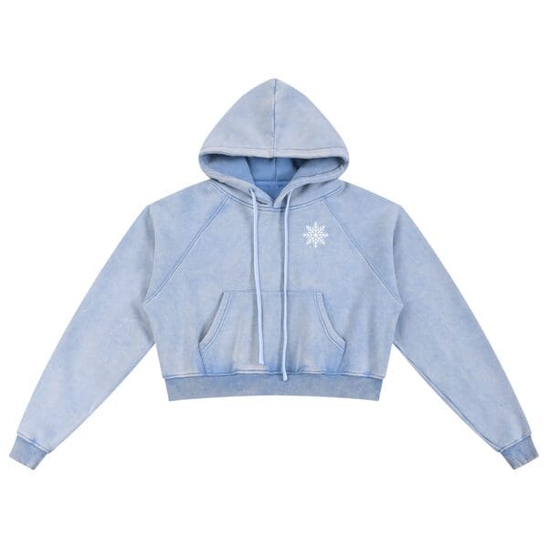 Snowfall Cropped Hoodie with snowflake logo on the chest, cropped silhouette and snow-wash finish