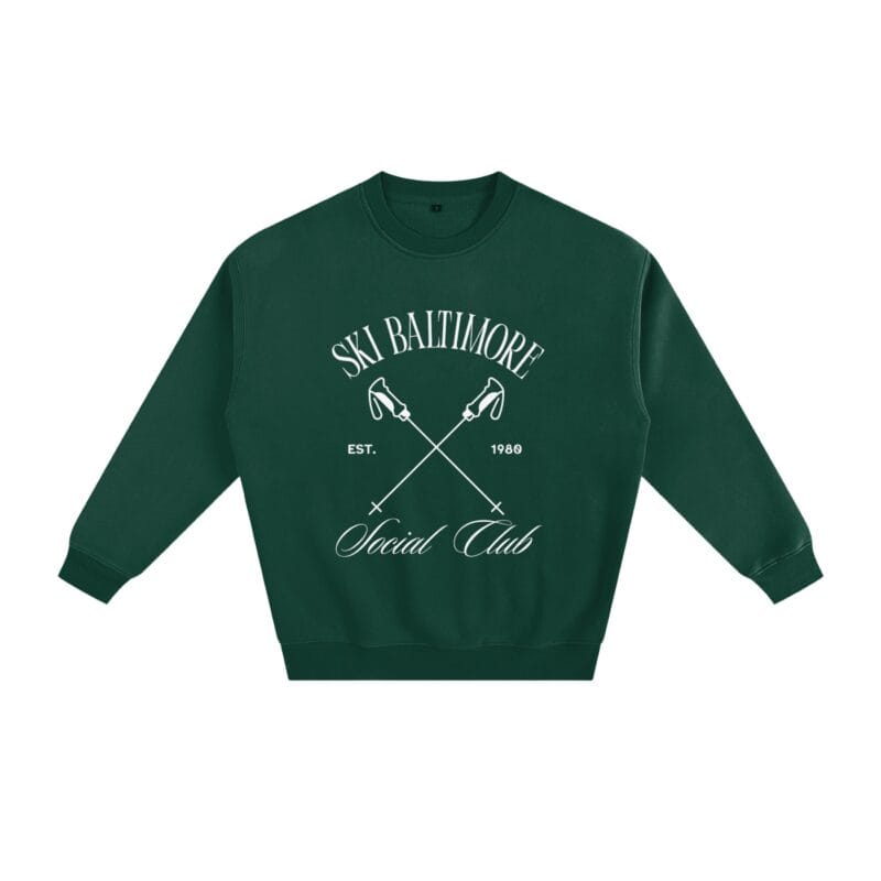 Social Club Crew sweatshirt in premium fleece with the Ski Baltimore logo on the chest and ribbed cuffs and hem