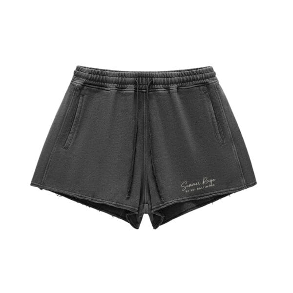 The Runway Short in black snow-washed cotton with a raw-edge hem and adjustable drawstring waist