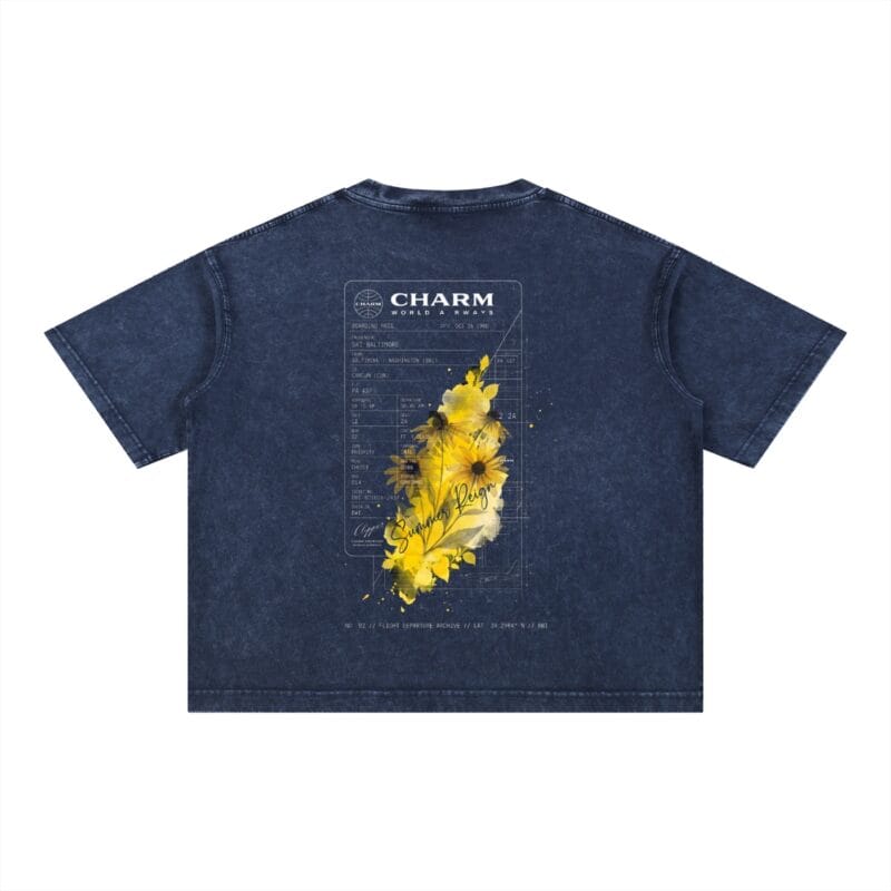The Documents Tee in Royal Blue with layered travel ticket graphics and floral overlays