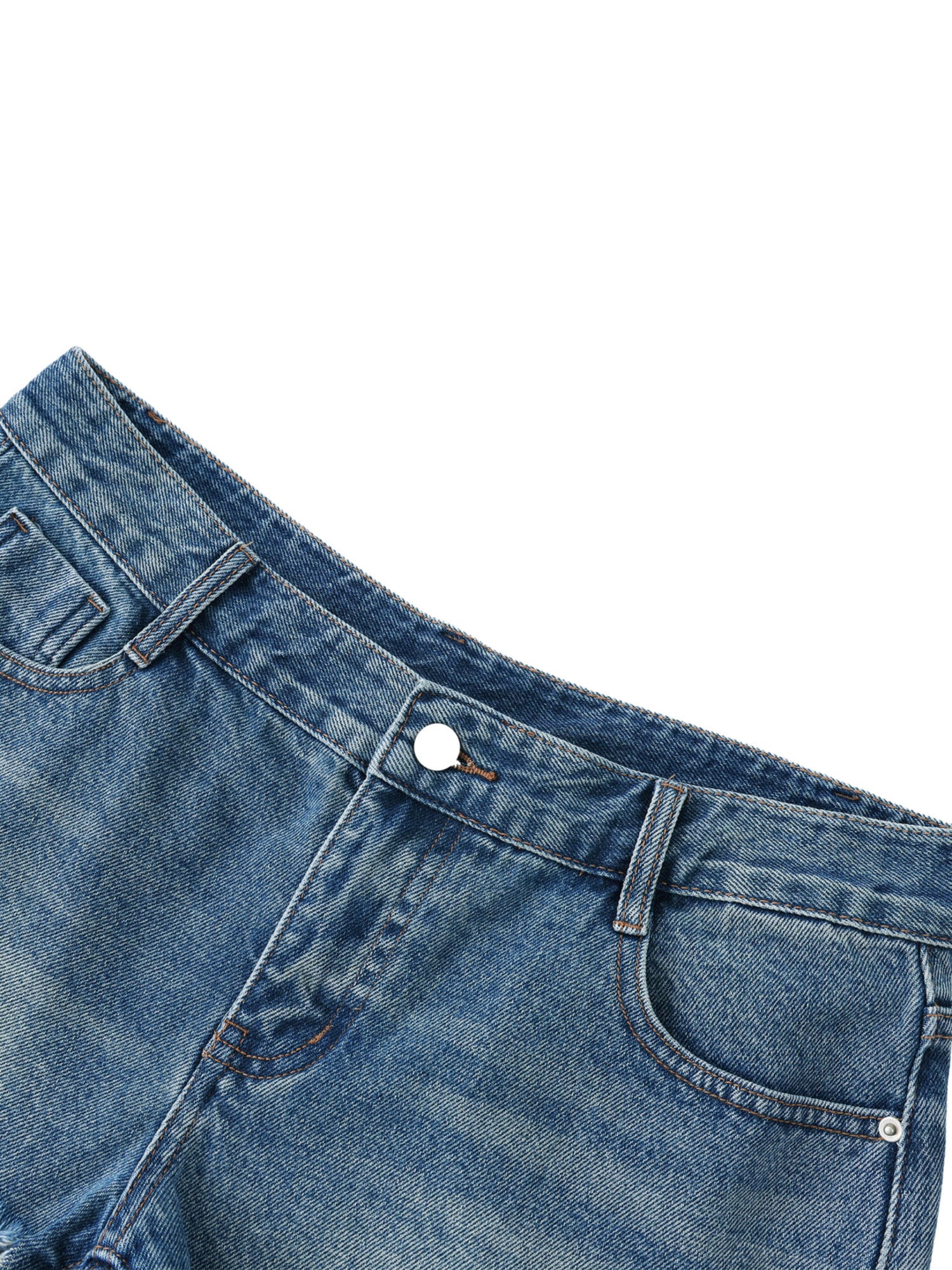 Close-up of the Concourse Denim Short showing distressed blue denim and Summer Reign technical markings