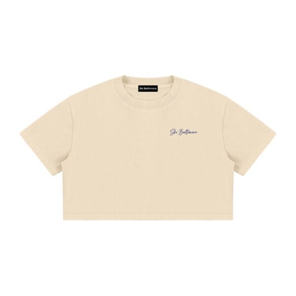 The Estate Crop T-Shirt shown in one of its colorways: Light Blue, Pink or Apricot